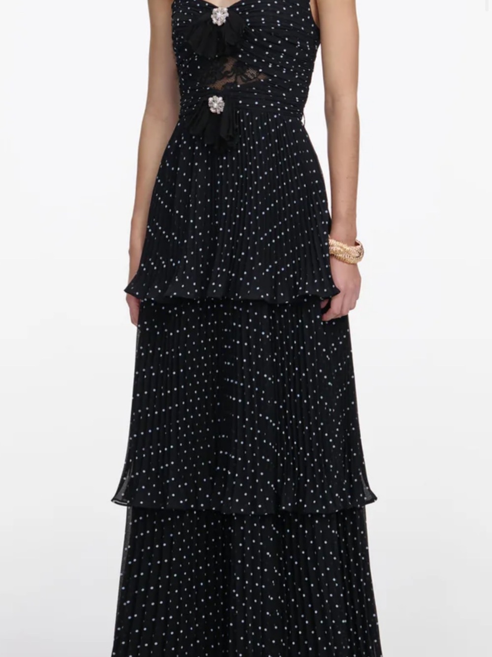 Self-Portrait Black Polka Dot Tiered Maxi Skirt with Pleats